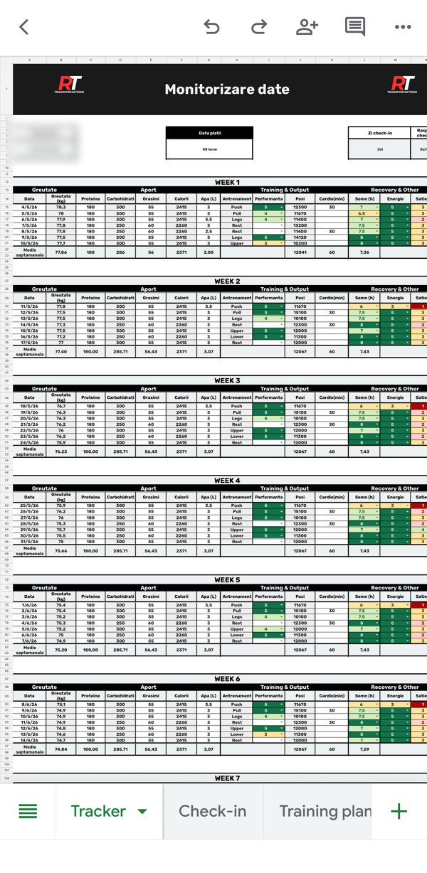 Documentul de coaching în Google Sheets, pe telefon